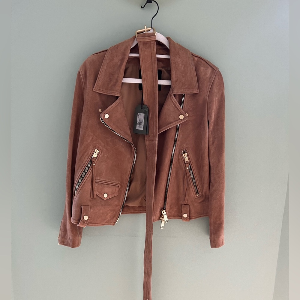 All Saints Luna Suede Biker Jacket XS Tan Brown